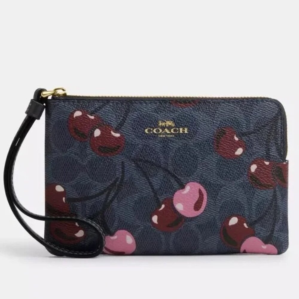 NWT - Corner Zip Wristlet In Signature Canvas W/ Cherry Print Color: Gold/Denim